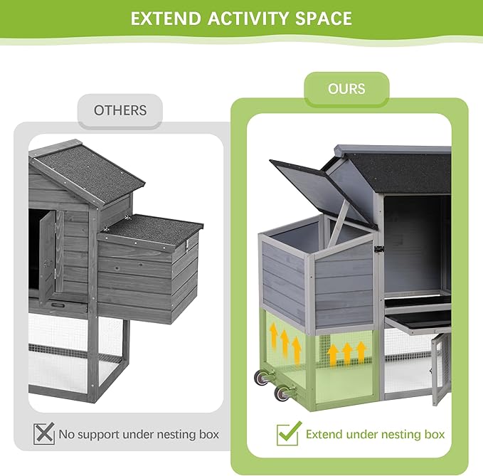 COZIWOW 82" Large Wooden Chicken Coop, Outdoor Rabbit Hutch, Guinea Pig Pet House with Wheels, Sunshine Board, Asphalt Roof, Ramp, Openable Top, Door, Window, Pull-Out Tray, Indoor Bunny Cage (Gray)
