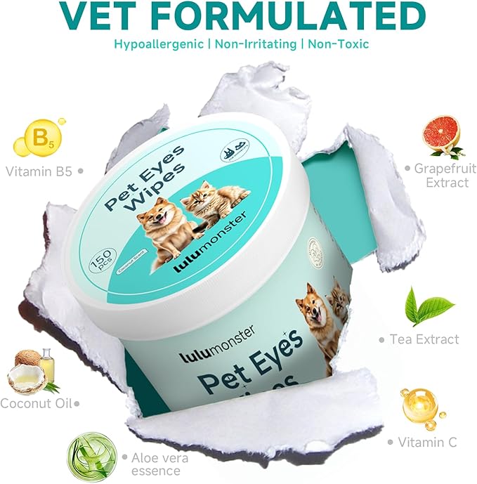 Pet Eyes Wipes for Dogs & Cats, Gentle Remove Tear Stain, Eye Debris, Discharge, Mucus Secretions Grooming Deodorizing Wipes, Non-irritating Ingredients with Aloe & Coconut Oil -150pcs