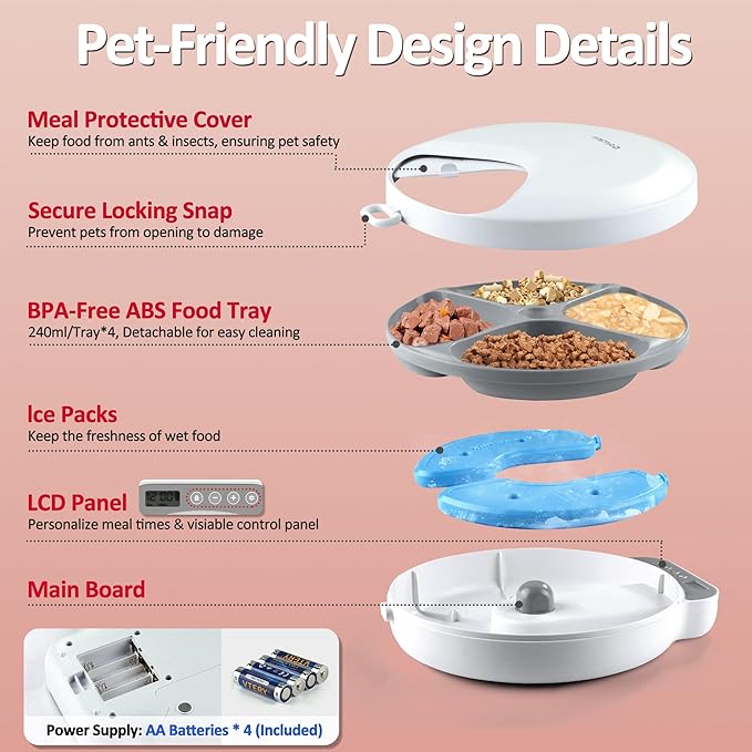 Automatic Cat Feeder Wet Food, Battery Operated Auto Wet/Dry Food Feeder with 2 Ice Packs, Cordless Programmable Timer Pet Auto Dispenser for Cat and Small & Medium Dog (4-Meals & Battery Included)