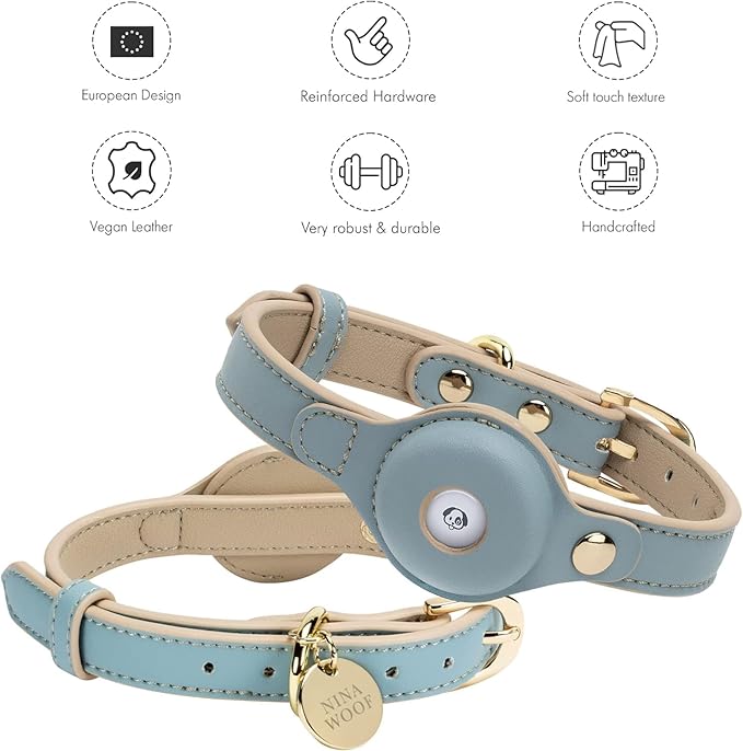 Cupertino Dog Collars, Harnesses & Leashes Made from Vegan Leather with Dog Tracker Device Holder Adjustable Dog Collar - Color Blue, Medium