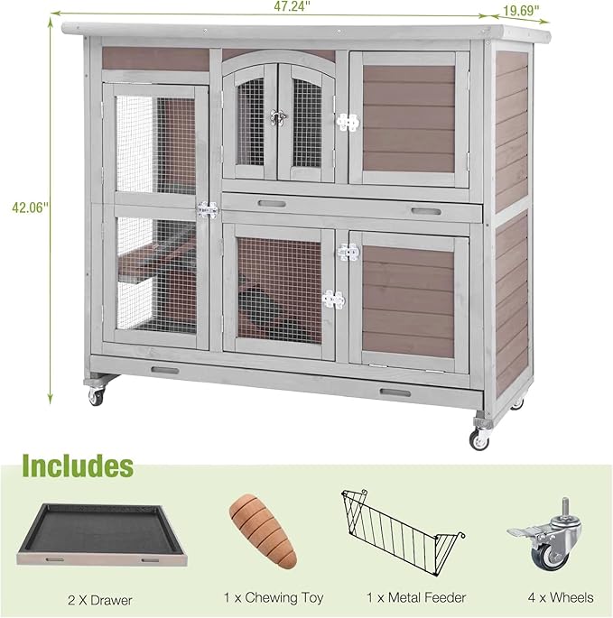 GUTINNEEN Rabbit Hutch Indoor Outdoor Bunny House Guinea Pig Cage on Wheel with Plastic Tray 47inch (Brown)