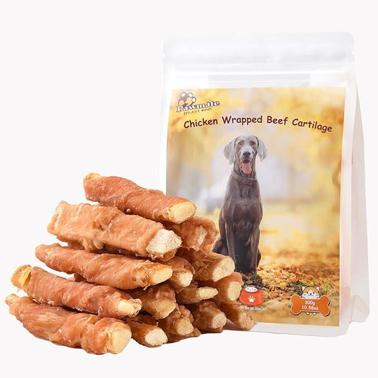 Dog Treats Chicken Wrapped Beef Cartilage w/Calcium Supplement, Long-Lasting Rawhide Free Grain Free Training Treats Snacks for Small Medium Large Dogs, 12 Counts, 10.6oz
