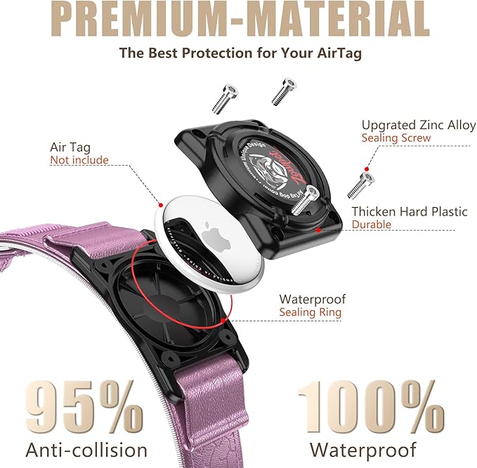 AirTag Dog Collar - Leather Dog Collar with Airtag Holder | IP68 Waterproof AirTag Holder with Metal Buckle, Comfortable GPS Dog Collars Tracker for Medium Large Dogs (Rose Gold, L)