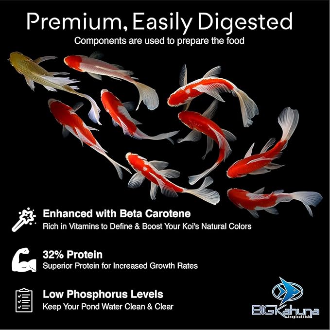 BIG Kahuna Koi Fish Food- 2lbs Food – Made in The USA - Koi Food Floating Pellets – 3/16" - 1/4" Pellet Size – 32% Protein Fish Food – Rich in Nutrients