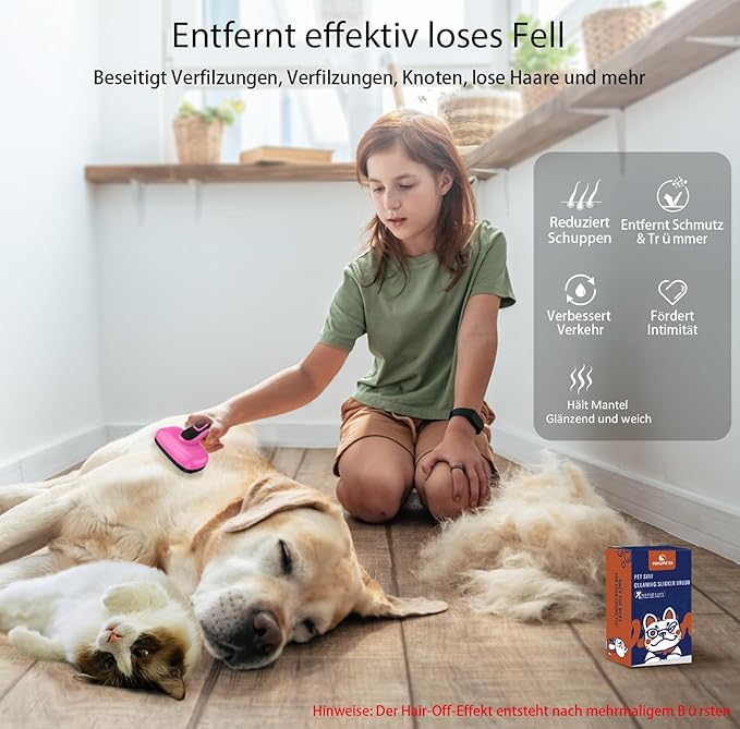 Dog Brush for Shedding & Grooming, Self Cleaning Slicker with Retractable Pins for Short & Long Haired Dogs & Cats. Removes Loose Fur, Undercoat, Mats & Tangles. Fits Large, Small Pet. Pink