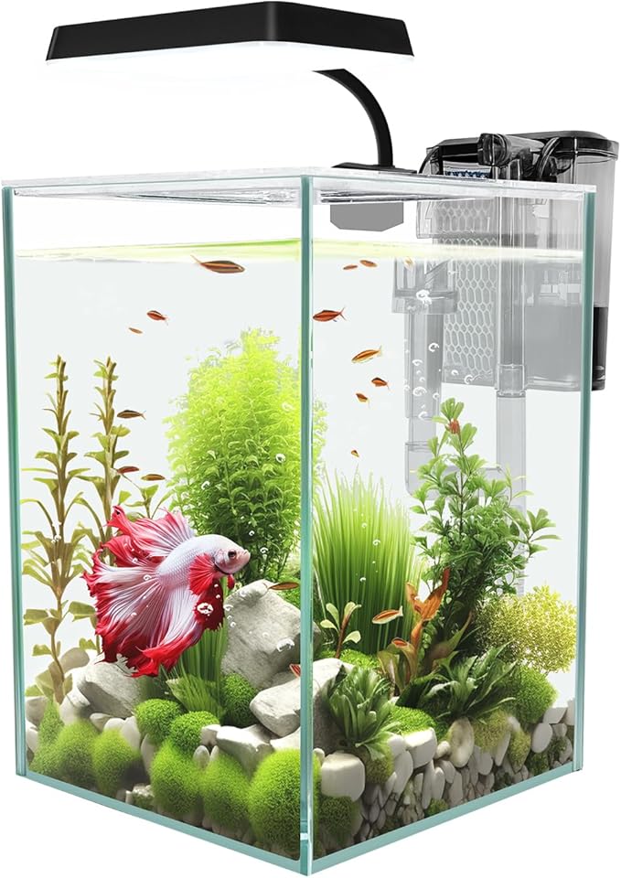 Ultra White Glass Betta Aquarium Starter Kits 1.5 Gallon Small Fish Tank, Betta Fish Tank with LED Light, Power Filter, 4mm Glass