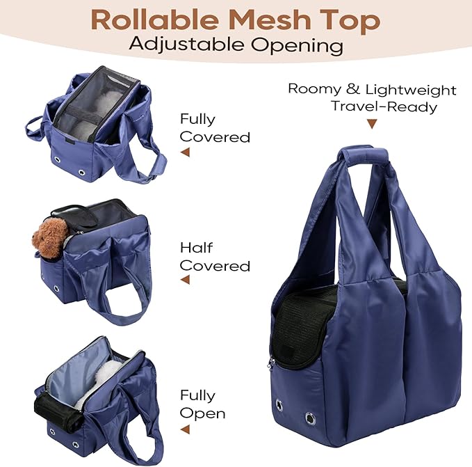 Dog Purse Carrier for Small Dogs, Cats, and Puppies – Soft-Sided Travel Pet Tote Bag with 4 Large Pockets, Foldable, Lightweight, Fits Pets up to 15 lbs, for Travel, Outings (Dark Blue)