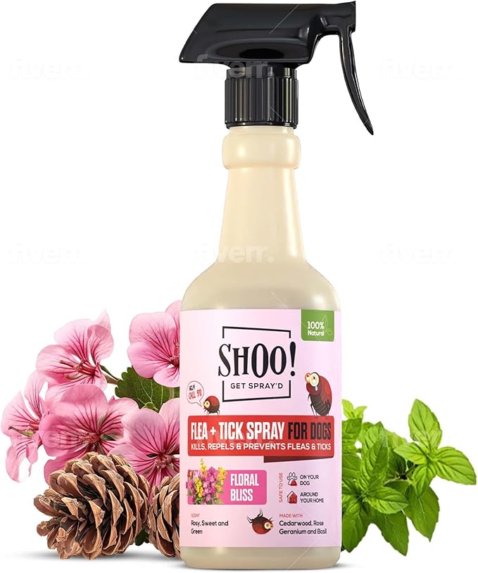 Shoo! Flea & Tick Spray for Dogs and Home | Plant Based, Natural Oils, Chemical Free Formula | Kills, Repels, Prevents | 16 oz (Floral Bliss)