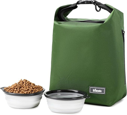 Dog Food Travel Bag,Pet Food Container 20 lb w/2PCS Collapsible Dog Travel Bowls and Zipper Side Pocket(Green, Large)