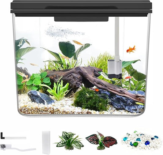 Small Fish Tank Kit 1.8 Gallon, Aquarium Starter Kit with Super-Quiet Water Pump, Dual Rain Filtration, Self Cleaning Function, Shatter-Resistant & Leak-Proof Base (Black)