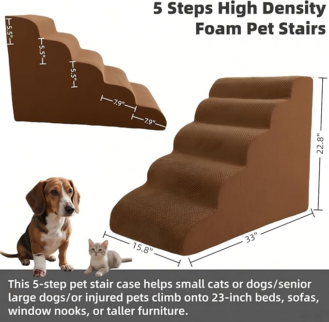 5 Step Pet Stairs Ramp for High Beds Sofas 5-30 Inch with Sturdy Non Slip Waterproof Pads, Machine Washable Cover Indoor Balanced Design for Cats Dogs Small Medium Large XL Pets Grey (Brown, Large, 1)