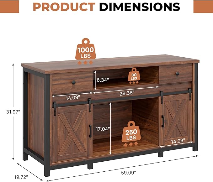 Miereirl 75-120 Gallon Fish Tank Stand with Power Outlet – Heavy Duty Aquarium Stand, Rustic Farmhouse Style, 1000 lb Capacity, Adjustable Storage & Sliding Barn Doors, Light Brown