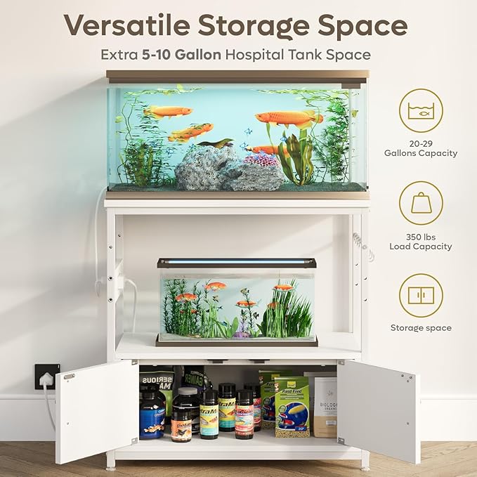 Bestier 20-29 Gallon Fish Tank Stand with Power Outlets, Metal Long Aquarium Stand with Storage Cabinet, 31x15 Reptile Terrarium Stand with Horizontal Gold Line, Stainless Hooks, 350 Lbs(White)