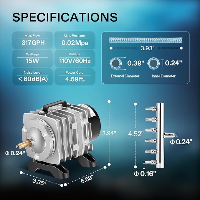 VIVOSUN 317GPH Commercial Air Pump 15W 6 Outlet 20 L/Min for Aquarium and Hydroponic Systems