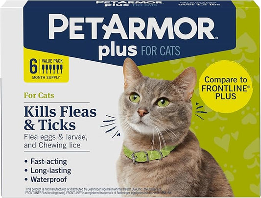 PetArmor Plus Flea and Tick Prevention for Cats, Cat Flea and Tick Treatment, 6 Doses, Waterproof Topical, Fast Acting, Cats Over 1.5 lbs