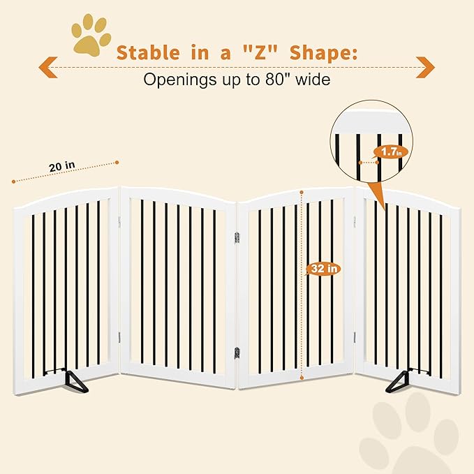 Freestanding Pet Gate - Foldable Wooden Dog Gate, 80 Inch Wide, 4 Panels, White