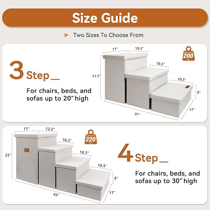 Dog Stairs with Storage 18" H, 3-Step Wider Dog Steps for Small/Medium/Large Old Dogs Cats, Folding Sturdy Pet Stairs Climbing Bed or Couch, Ramp for Car Up to 200 lbs (Beige, No Condo)