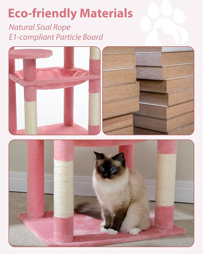 Cat Tree for Large Cats with Metal Plush Big Hammock, 56.3" Cat Tower for Indoor Cats with 2 Door Condo House, 6-Tier Cat Shelves with Scratching Posts and Large Top Perch, Pink