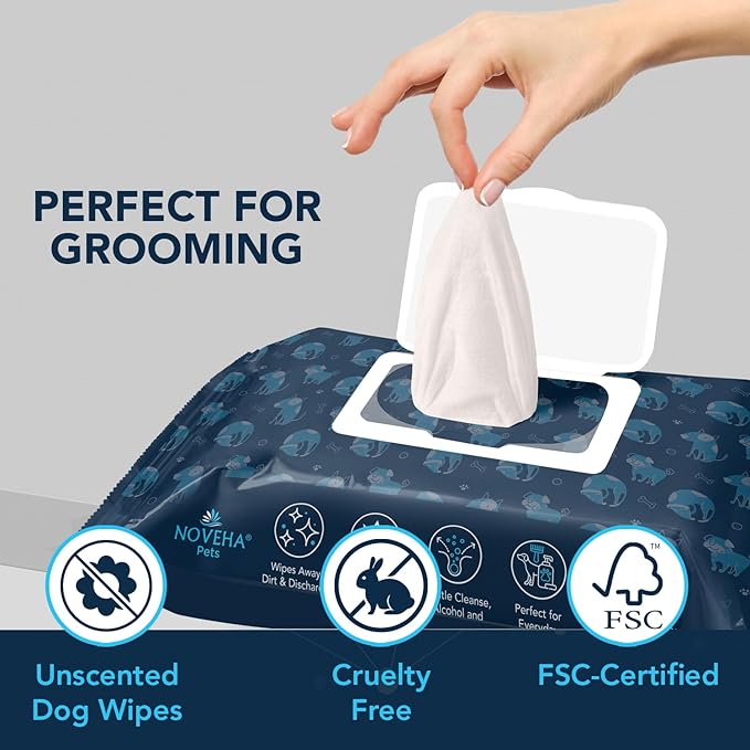 NOVEHA Dog Wipes - Odor Eliminating and Cleaning Grooming Wipes for Dog's Paws, Body, and Butt - Perfect for Puppy and Adult Dogs - Plant-Based, Safe, Convenient & Large Unscented Wipes (360 Counts)