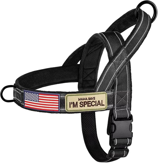 Forestpaw No Pull Dog Harness - Soft Flannel Padded Tactical Dog Vest Harness with Quick Release Buckle, Adjustable Reflective Pet Harness for Medium Large Dogs Walking Training,Black L