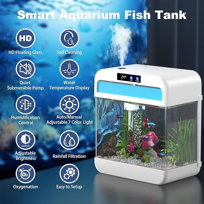 Fish Tank Aquarium 2.2 Gallon with 7 Color Auto-Looping Light, Fish Bowl with Humidifier 3 in 1 Pump - Filteration & Oxygenation & Circulation, Temperature Display, HD Float Glass, Thickened Base