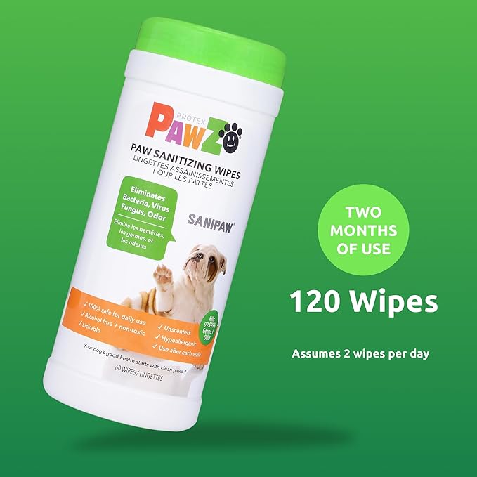 Protex PawZ SaniPaw Odor Eliminating Dog Paw Wipes (120 Wipes) Cleansing Dog Grooming Wipes, Simple & Safe Lickable Ingredients - Paw Cleaner for Dogs, Pet Wipes