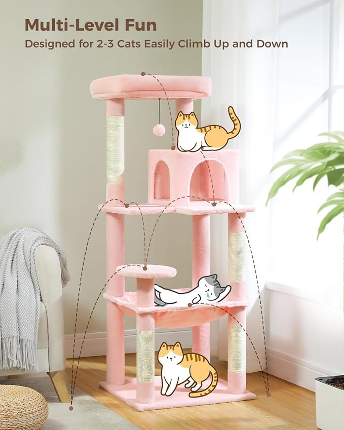 Cat Tree for Large Cats Adult with Metal Plush Big Hammock, 56.3" Cat Tower with 2 Door Condo House, 6-Tier Cat Shelves with Scratching Posts and Large Top Perch, Light Pink