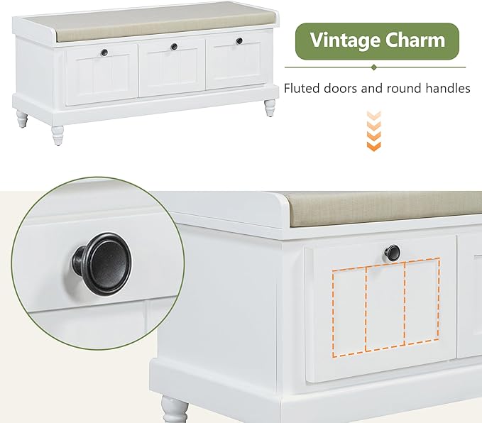 Classic Shoe Storage Bench with Cushion and Three Drawers, Fluted Entryway Bench with Storage for Entryway, Living Room, Hallways 44.0" L x 15.9" W x 18.9" H White