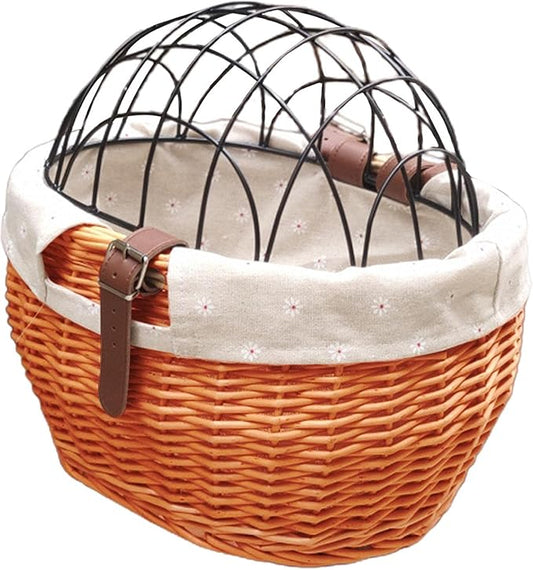 Bike Pet Basket, Wicker Bike Basket for Small Dogs Cats Pet Carrier Front Basket with Wire Mesh Cover and Lid, Wicker Basket for Dogs and Cats, Rattan Storage Basket, 11.81 * 9.84 inch (A)