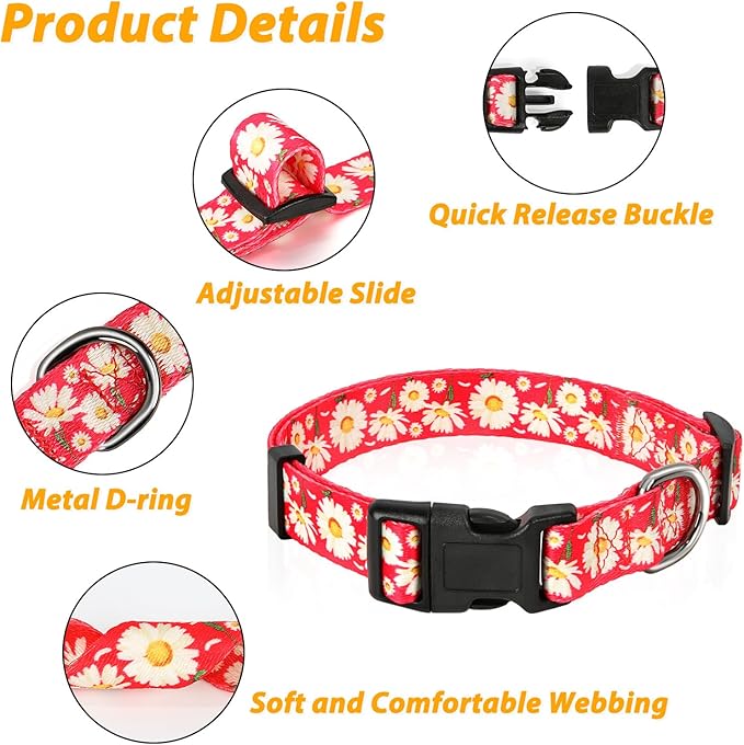 HEELE Dog Collar, Adjustable Soft Dog Collar for Small Medium Large Dogs,Daisy Floral Patterned Puppy Collars with Quick Release Buckle Daisy Red S Length 9.84''-14.96'