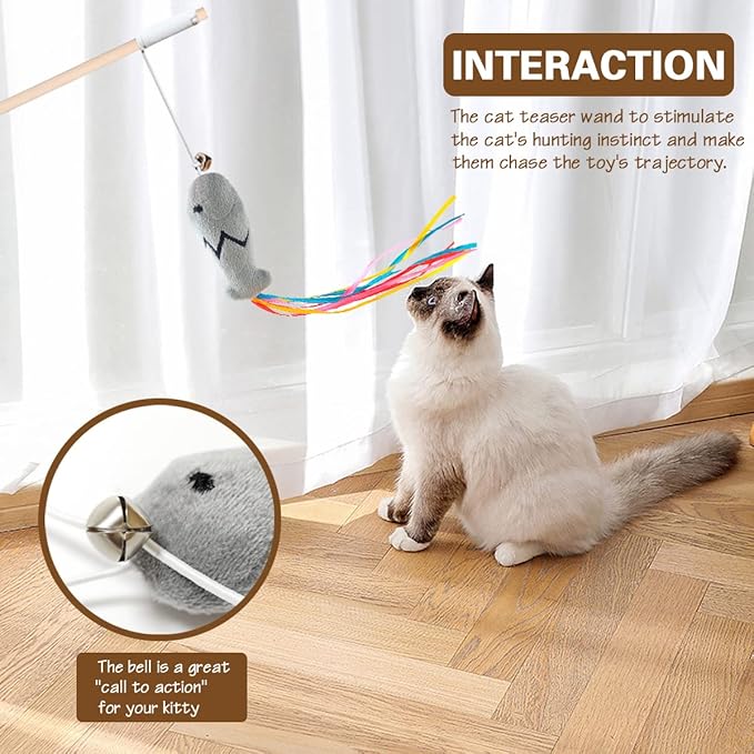 Natural Wood Cat Wand Toy with Ribbon Fish Teaser - 3pcs, 16 Inch, Indoor Cat Exerciser & Playing Kitten Toy, Bonus 5pcs Catnip Sticks for Teeth Cleaning