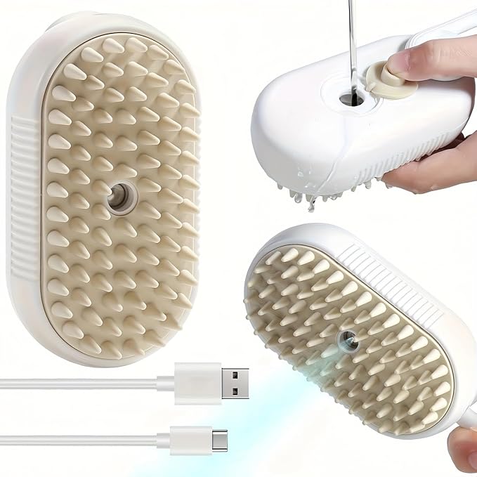Brown+Essence 3 in 1 Steamy Pet Brush - Spritz Defur Comb for Cats & Dogs Grooming Tool (Brown+Essence)