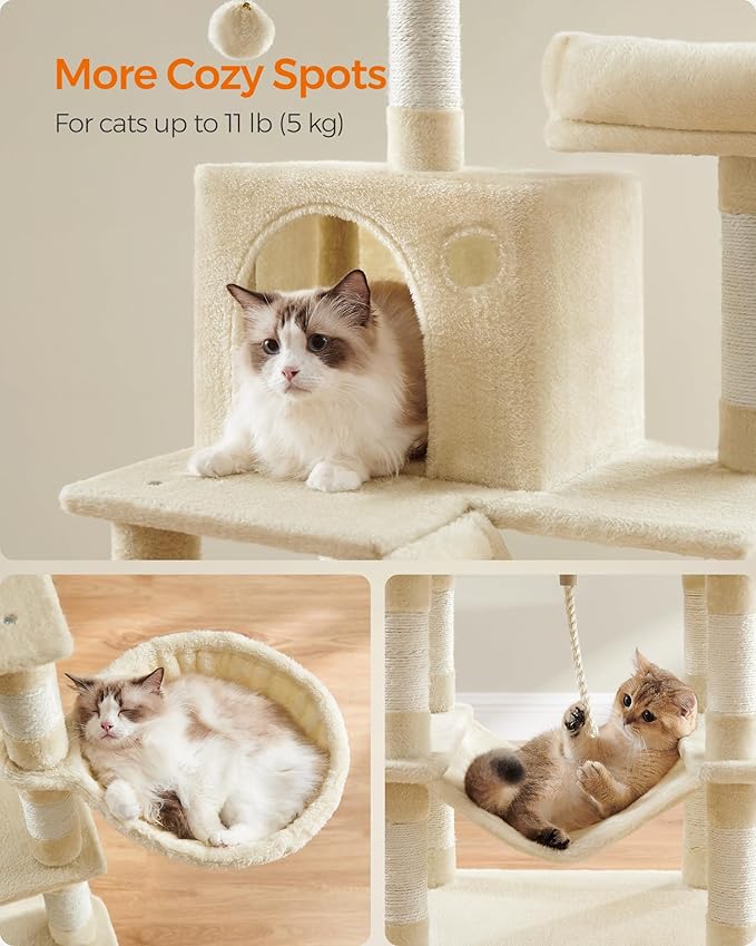 Feandrea Cat Tree, 66.1-Inch Large Cat Tower with 13 Scratching Posts, 2 Perches, 2 Caves, Basket, Hammock, Pompoms, Multi-Level Plush Cat Condo for Indoor Cats, Beige UPCT165M01