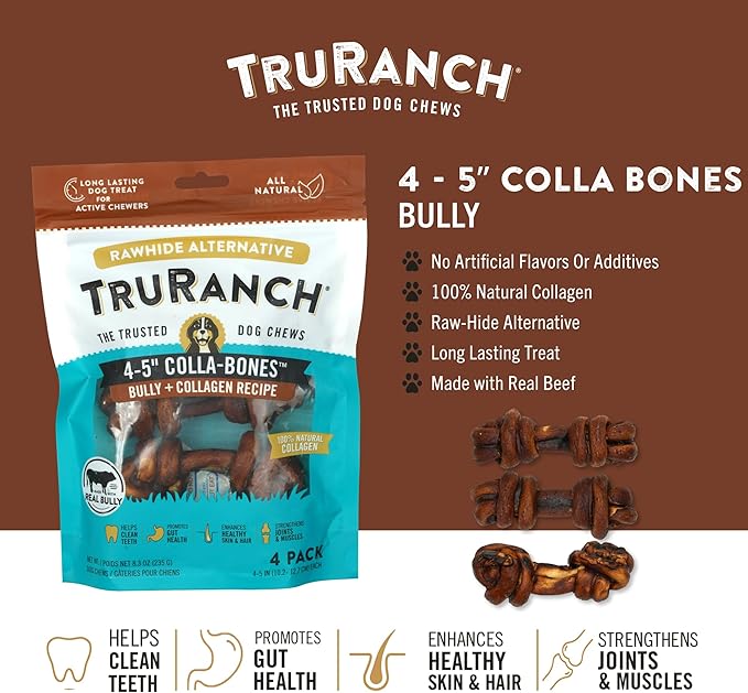 4-5" Collagen Bones, Bully - Collagen Dog Bones - Long Lasting Healthy Joint Support - Rawhide Alternative - Skin & Coat Health, Value Pack, 15 Bags, 60 Count