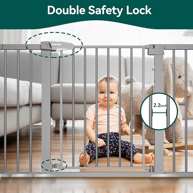 BABELIO 29-55 Inch Extra Wide Baby/Dog Gate, Metal Auto Close for The House and Doorways, Pressure Mounted Pet Door, NO Need Tools and Drilling, with Wall Cups, Gray