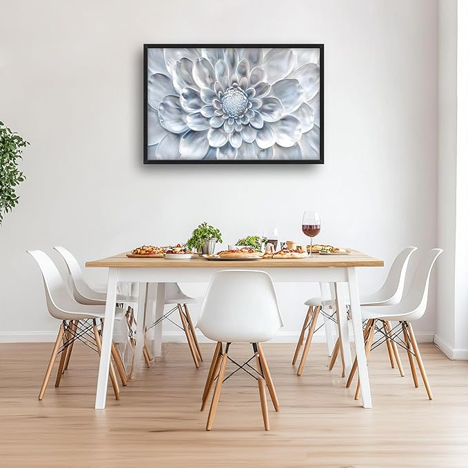 Abstract Flower Large Wall Art White Silver Floral Pictures Wall Decor Neutral Canvas Print Painting Artwork for Bathroom Living Room Bedroom 36L" x 24W"