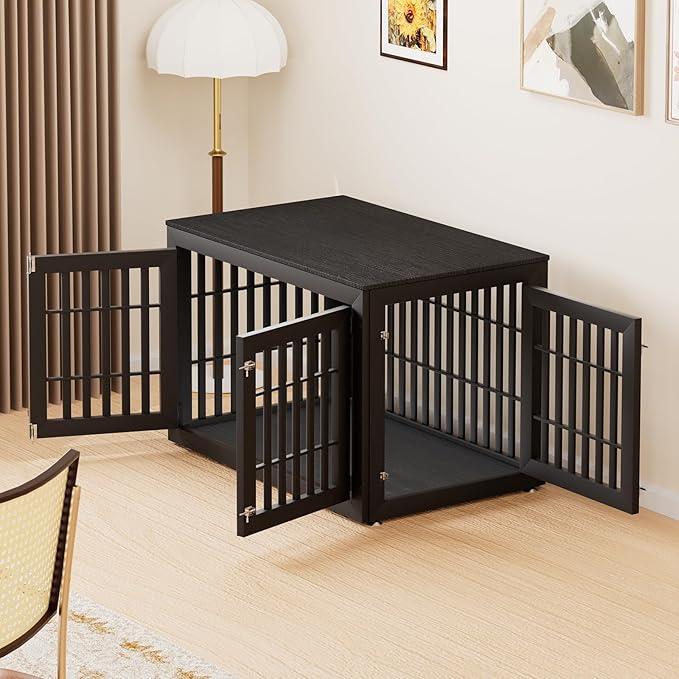 48" Heavy Duty Dog Crate Furniture for Small,Medium and Large Dogs,Rustic Wooden Dog Cage Kennel Indoor Furniture with Waterproof Top,Decorative Pet House Side End Table (Black)