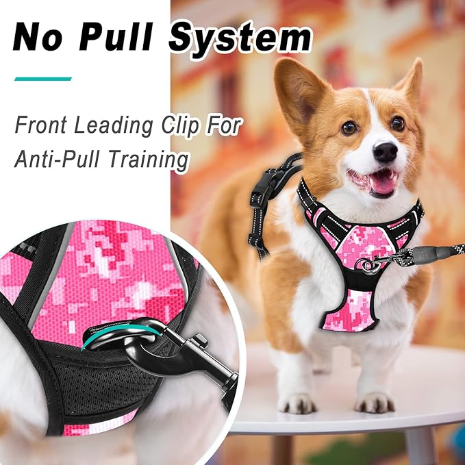 BARKBAY No Pull Dog Harness Large Step in Reflective Dog Harness with Front Clip and Easy Control Handle for Walking Training Running(Pink camo,S)