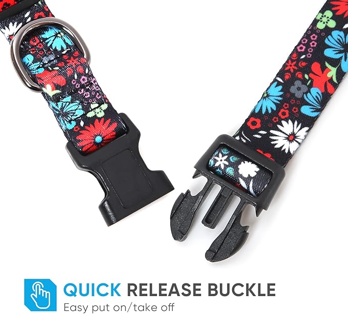 HEELE Dog Collar, Adjustable Soft Dog Collar for Small Medium Large Dogs,Floral Patterned Puppy Collars with Quick Release Buckle M Length 13.39''-20.87''