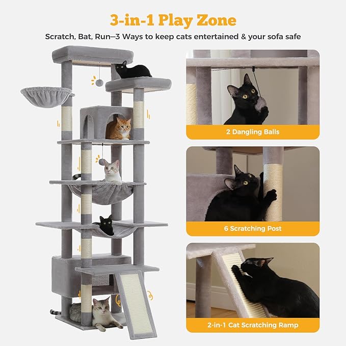 81" Heavy Duty Cat Tree for Large Cats up to 20lbs - Extra Tall Cat Tower with Metal Frame Hammock, 6 Sisal Scratching Posts, 2 Perches - Indoor Cat Furniture for Maine Coon, Big Cats, Gray