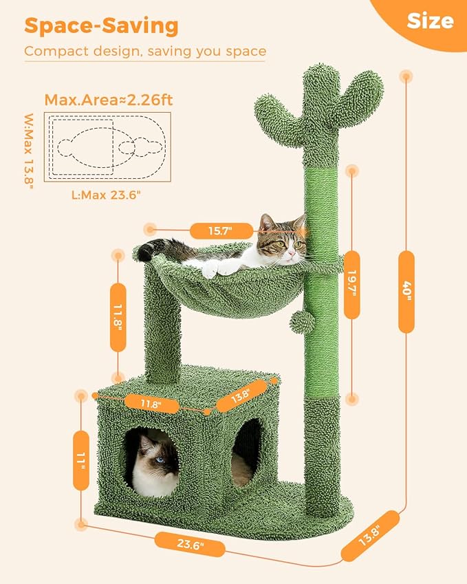 Cactus Cat Tree 40" Cat Tower with Large Metal Carpet Hammock, Cat Scratching Post for Indoor Cats with Condo & Replaceable Toy Ball, Green