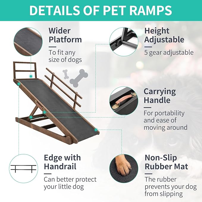 Dog Ramp, 5 Level Adjustable Height Folding Pet Ramp for High Bed, Portable Paw Ramps Large Bed Ramp for Medium & Large Old Dogs & Cats - Natural Wood Furniture Quality