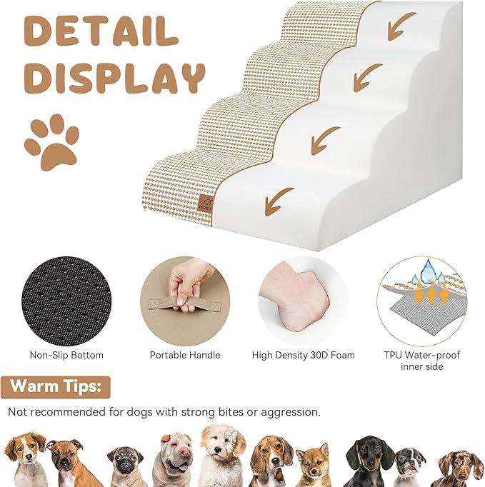 Dog Ramp and Stair for Bed 16" H-20 H,3-Step Cat Stair for Sofa and Chair,4-Step Dog Ramp for High Bed and Window,Durable Nonslip Fabric Cover for Indoor (Beige-20 H, Pet Friendly, 4)