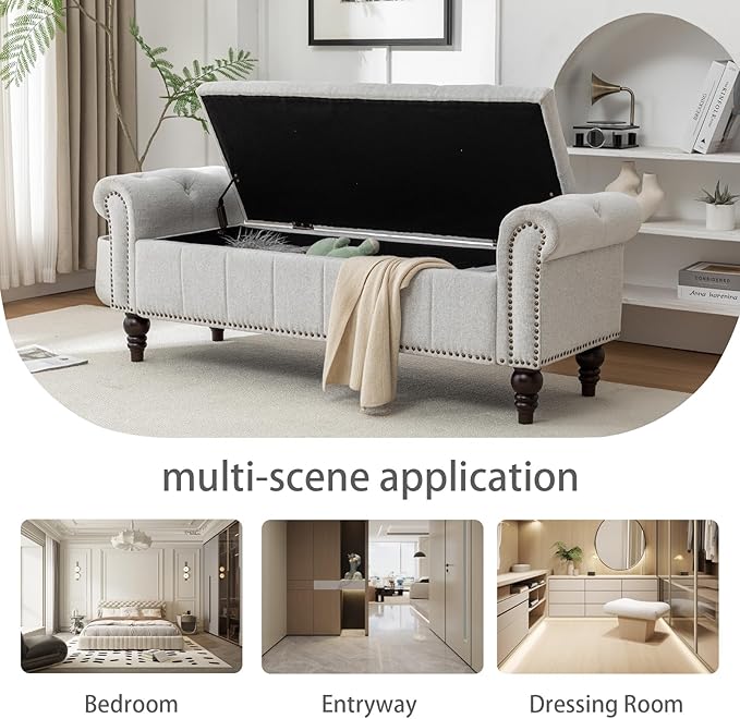 58’’ Storage Bench for Bedroom, Upholstered Button-Tufted Ottoman with Solid Wood Legs, Queen Size End of Bed Shoe Cabinet, Window Seat Foot Rest Stool for Entryway, Living Room (Silver)