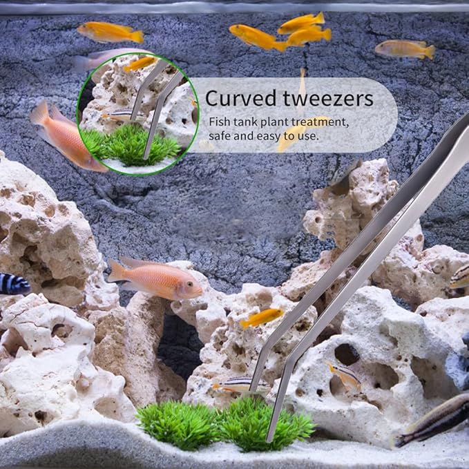 Extra Long Handle Aquarium Tweezers Serving Tongs Feed clamp,2 Pack Stainless Steel Straight and Curved Tweezers Set for Fish Tank Plants Reptile Feeding Tongs（15 Inchs）