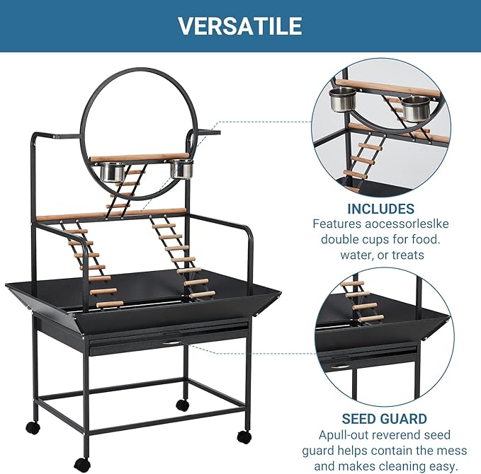 Bird Playstand, 66'' H Inch Birdcage Stand Activity Play Center with Perches and Ladders, Removable Tray, Indoor Outdoor Playground for Parakeet,Cockatiels Conures Parrots, Lockable Caster,Black