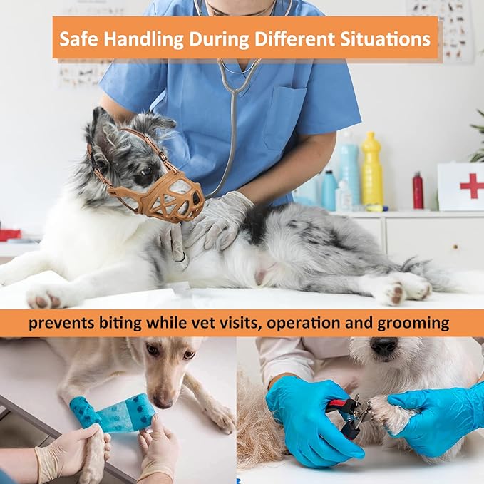 BARKLESS Dog Muzzle, Basket Muzzle for Biting, Chewing and Scavenging, Humane Cage Mouth Cover, Perfect for Grooming and Training Small, Medium, Large Aggressive Reactive Dogs (M, Brown)