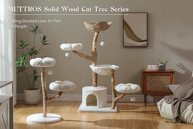 59" Modern Cat Tree Tower for Large Cats w/2 Flower Perches-Natural Solid Wood Scratching Post with Real Branch-Luxury Boho Cat Furniture w/Condo & Wicker Basket Bed, Cloud White