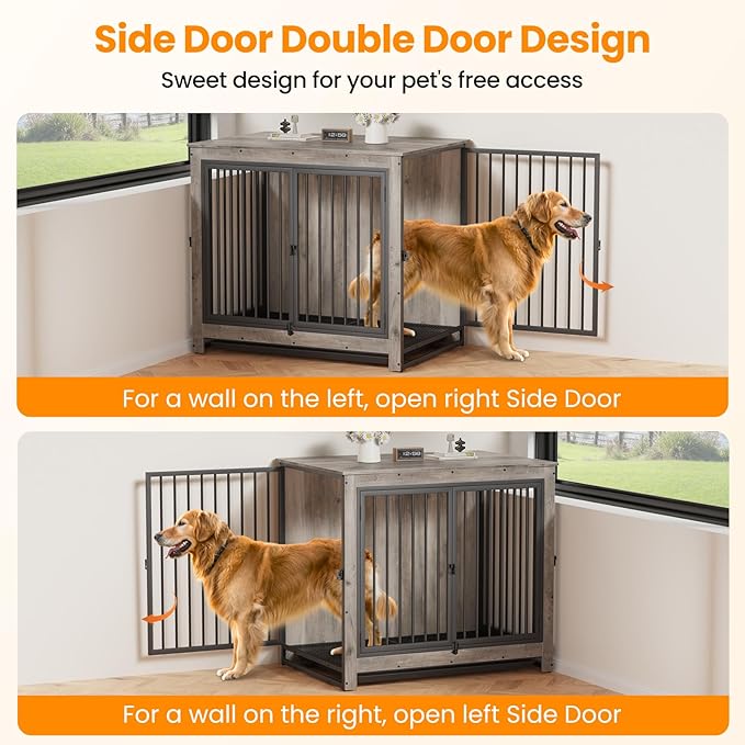 Dog Crate Furniture, Large Dog Crate Furniture, Dog Crate End Table for Large and Medium Dogs, Wooden Cage Kennel Furniture Indoor, Modern Dog Crate with Multi-Purpose Removable Tray