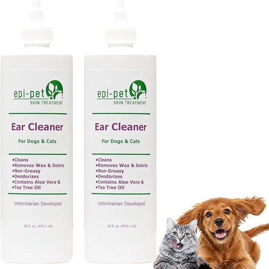 Dog & Cat Ear Cleaner Solution with Aloe Vera & Tea Tree Oil – Removes Itchy Ear Wax, Debris, Odor – Ears Wash, Drops & Flush for Pets, Dog Ears Cleaning, Cat Cleaner (16 oz- Pack of 2)